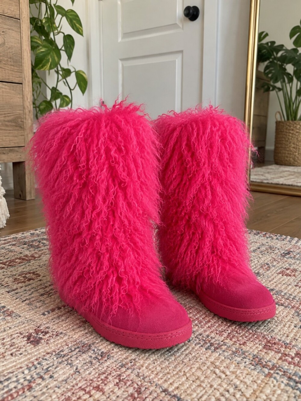 Hot Pink Mid-Calf Fur Boots With Wool Lining, New In Box